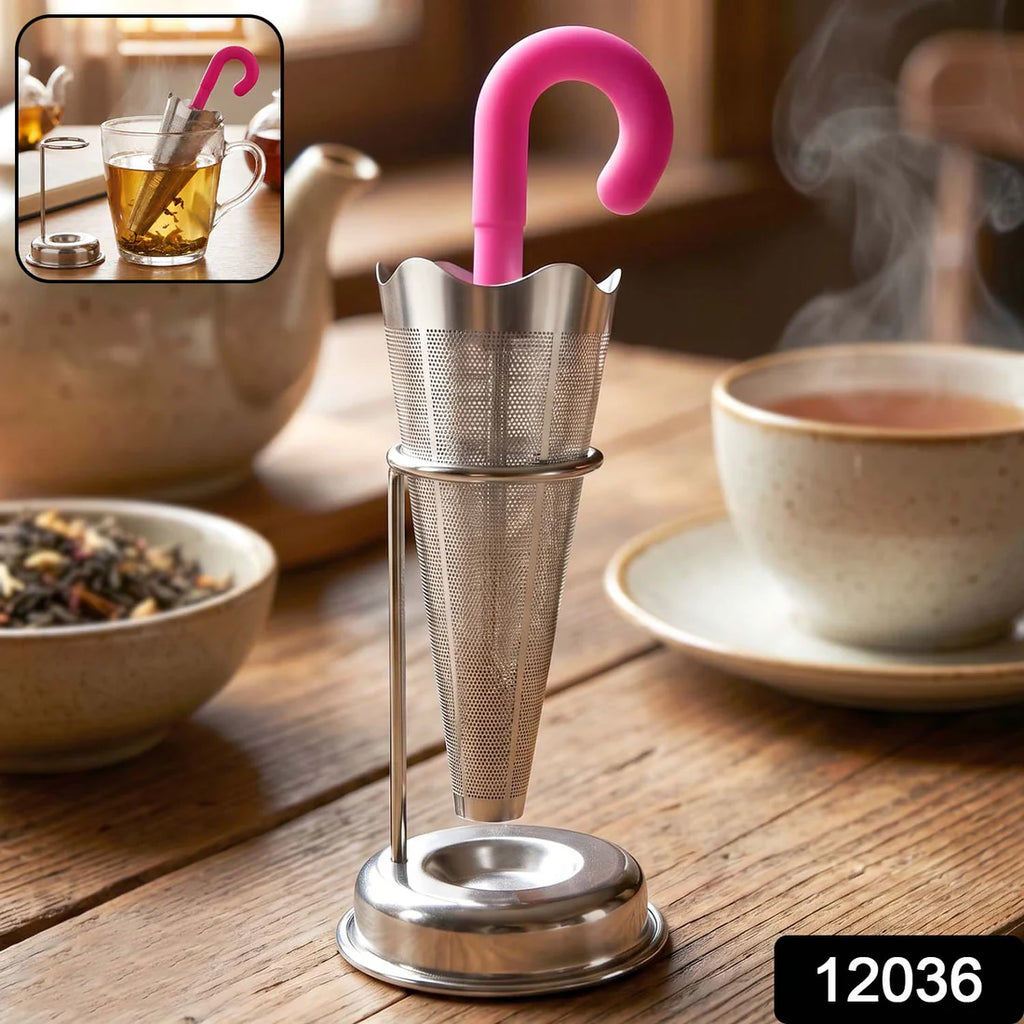 Reusable Cute Umbrella Tea Strainer With Tray  Stand (1 Pc)