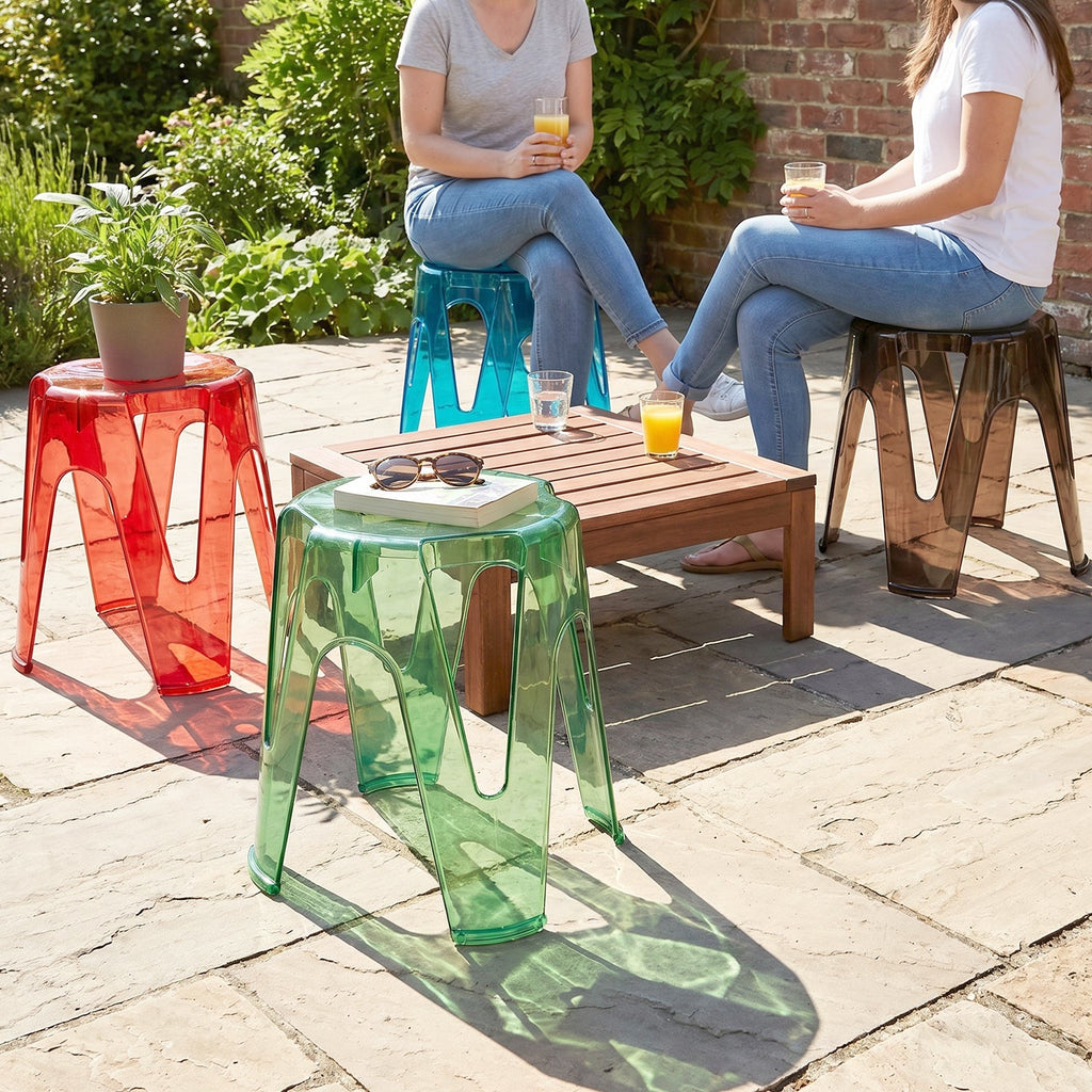 Transparent Plastic Sitting Stool 28x26cm Strong Indoor Outdoor Seat (4 Pc Set)