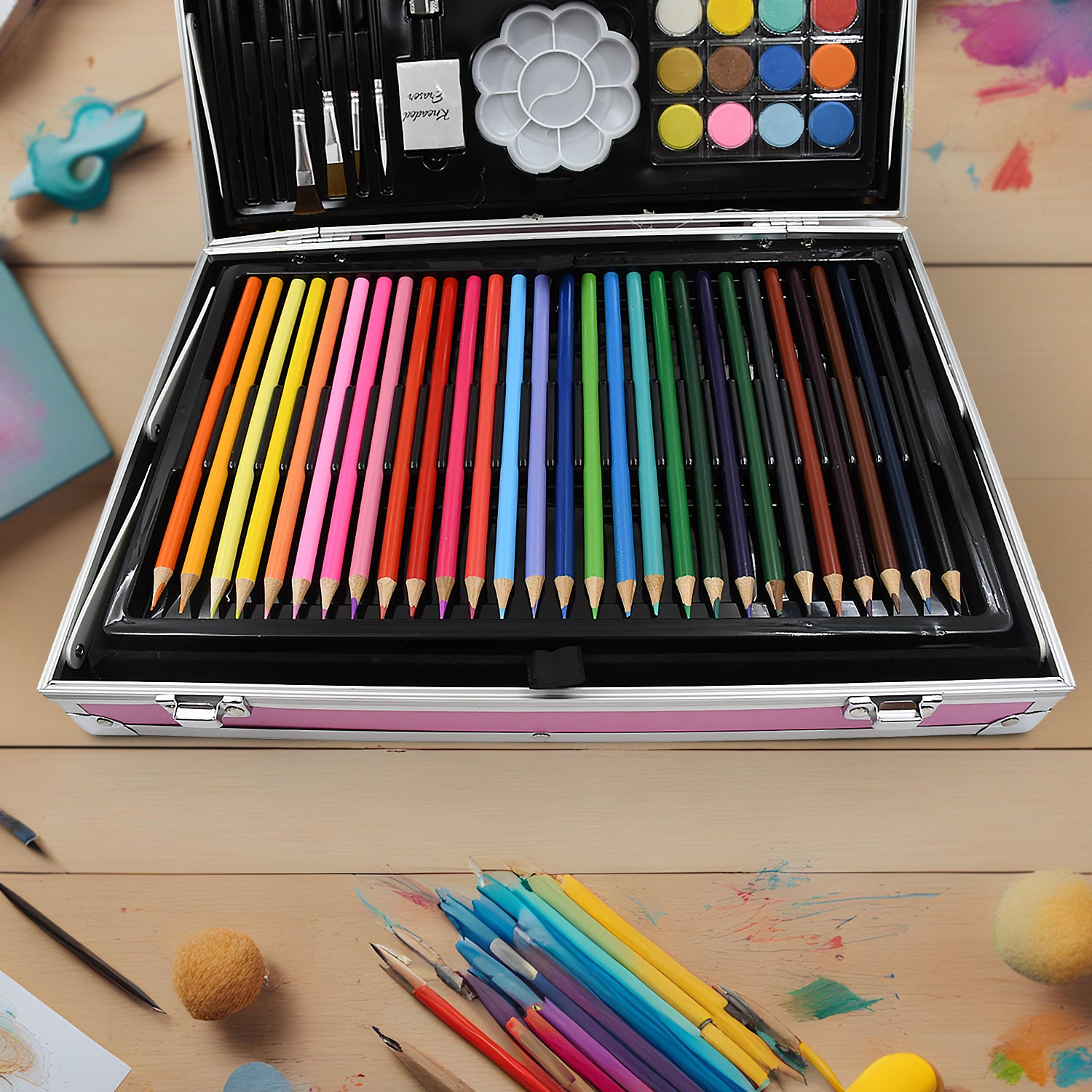 17980professional Art Set-drawing Painting Sketching Coloring Kids Set All In 1 Art Case Perfect For Kids With Unicorn Design Case Shading Crayons Oil Pastels Color Set Watercolor Cakes Paint Brush Sharpener Eraser (145 Pcs Set)