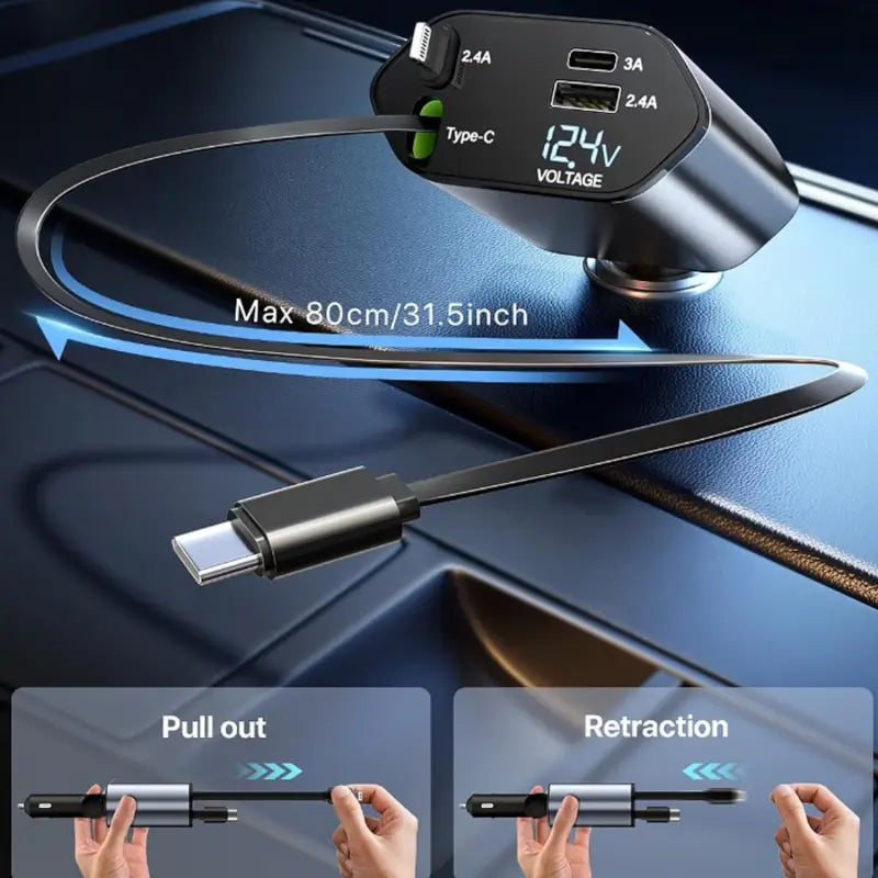 4-in-1 Car Charger – 120W Super Fast Charger with Dual Retractable Cables & USB Ports