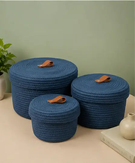 Sara Enterprises Cotton Rope Storage Baskets with Lids (Set of 3) | Round Woven Jute Organizer Baskets for Home & Kitchen
