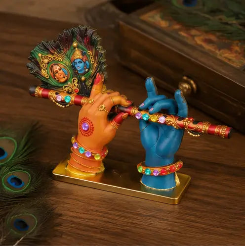 4 Inch Radha Krishna Flute Wooden Decor for Home Mandir & Janmashtami Decoration, 1 Pc