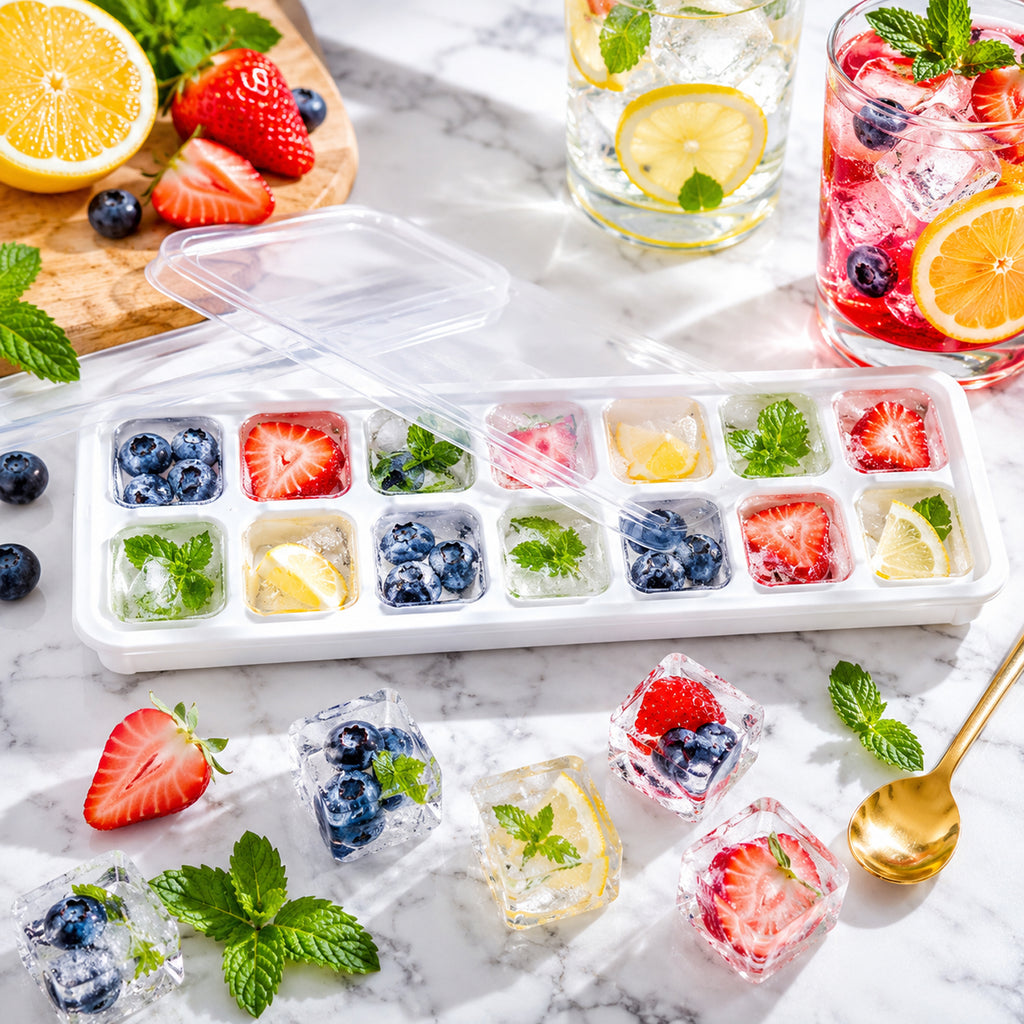 14 Cavity Ice Cube Tray With Lid Easy Release Ice Mold For Fridge Freezer (1 Pc)