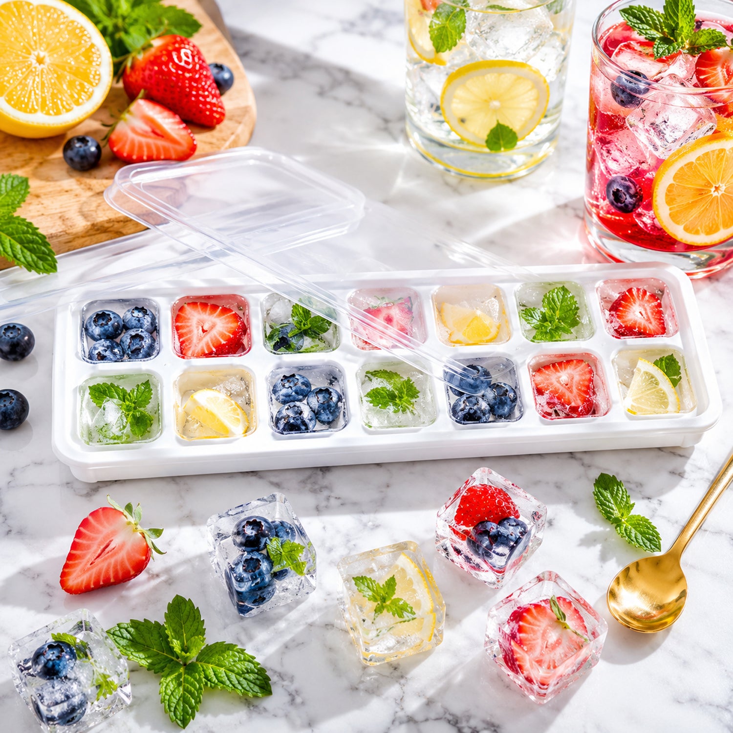 14 Cavity Ice Cube Tray With Lid Easy Release Ice Mold For Fridge Freezer (1 Pc)