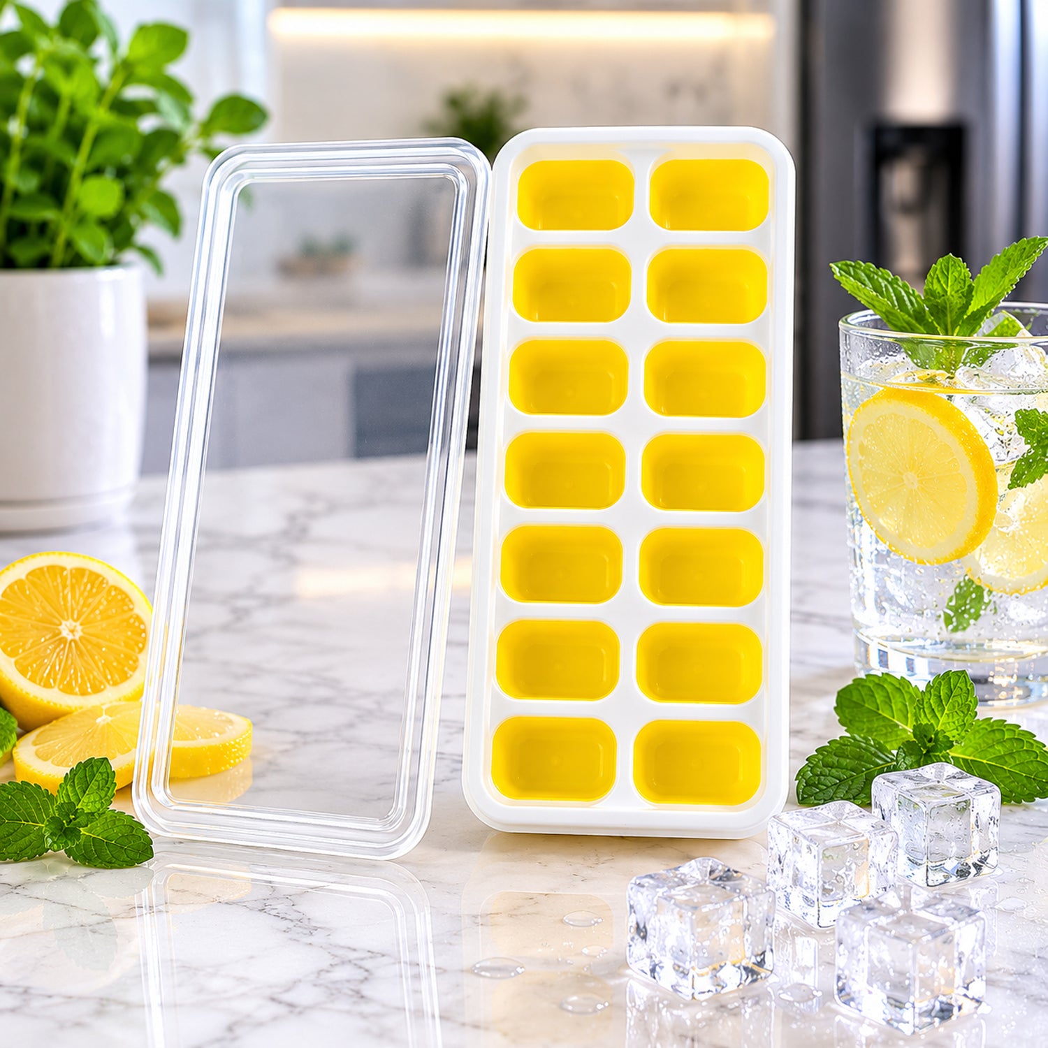 14 Cavity Ice Cube Tray With Lid Easy Release Ice Mold For Fridge Freezer (1 Pc)
