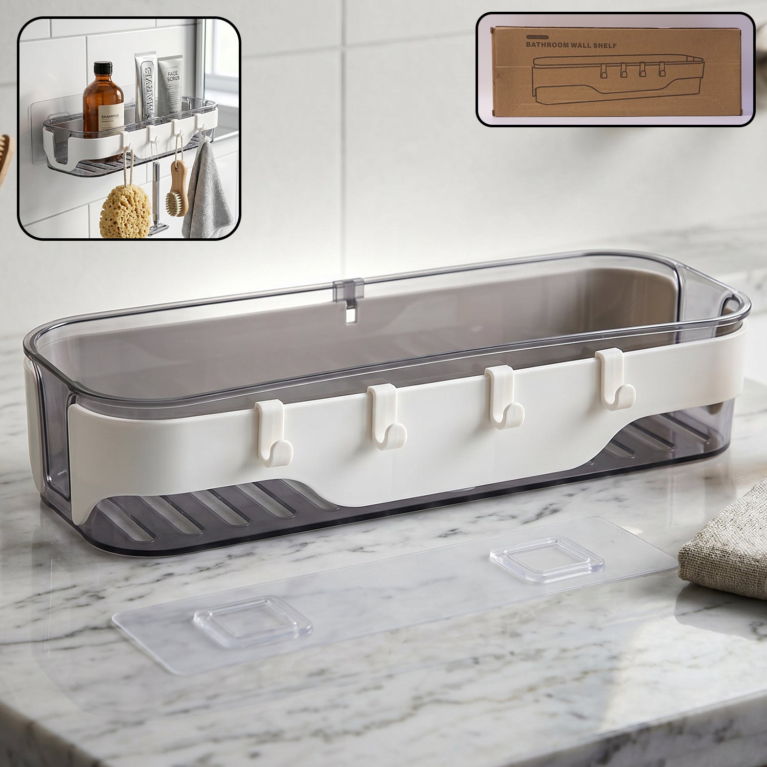 Stylish Bathroom Wall Shelf  1 Pc Multi-purpose Storage Organizer With Hooks